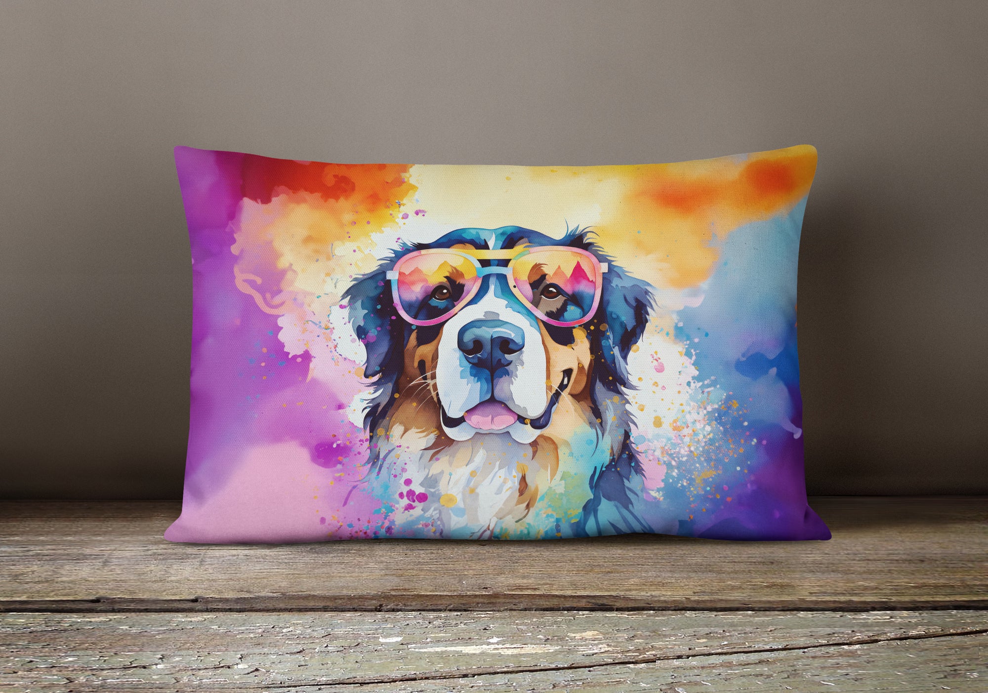 Bernese Mountain Dog Hippie Dawg Fabric Decorative Pillow