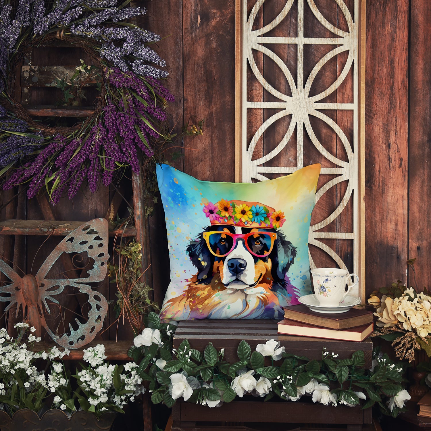 Bernese Mountain Dog Hippie Dawg Fabric Decorative Pillow