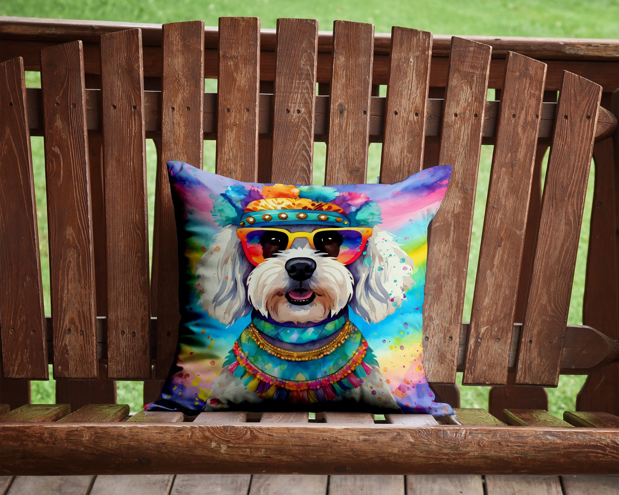 Bichon Frise Hippie Dawg Fabric Decorative Pillow
