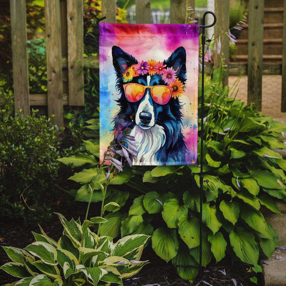 Caroline's Treasures Border Collie Hippie Dawg Garden Flag – Retro Dog with Sunglasses & Multicolored Background