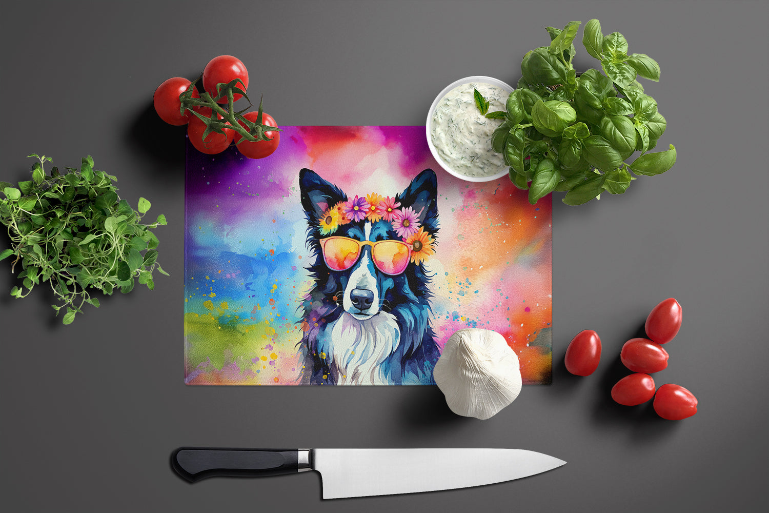 Border Collie Hippie Dawg Glass Cutting Board Large