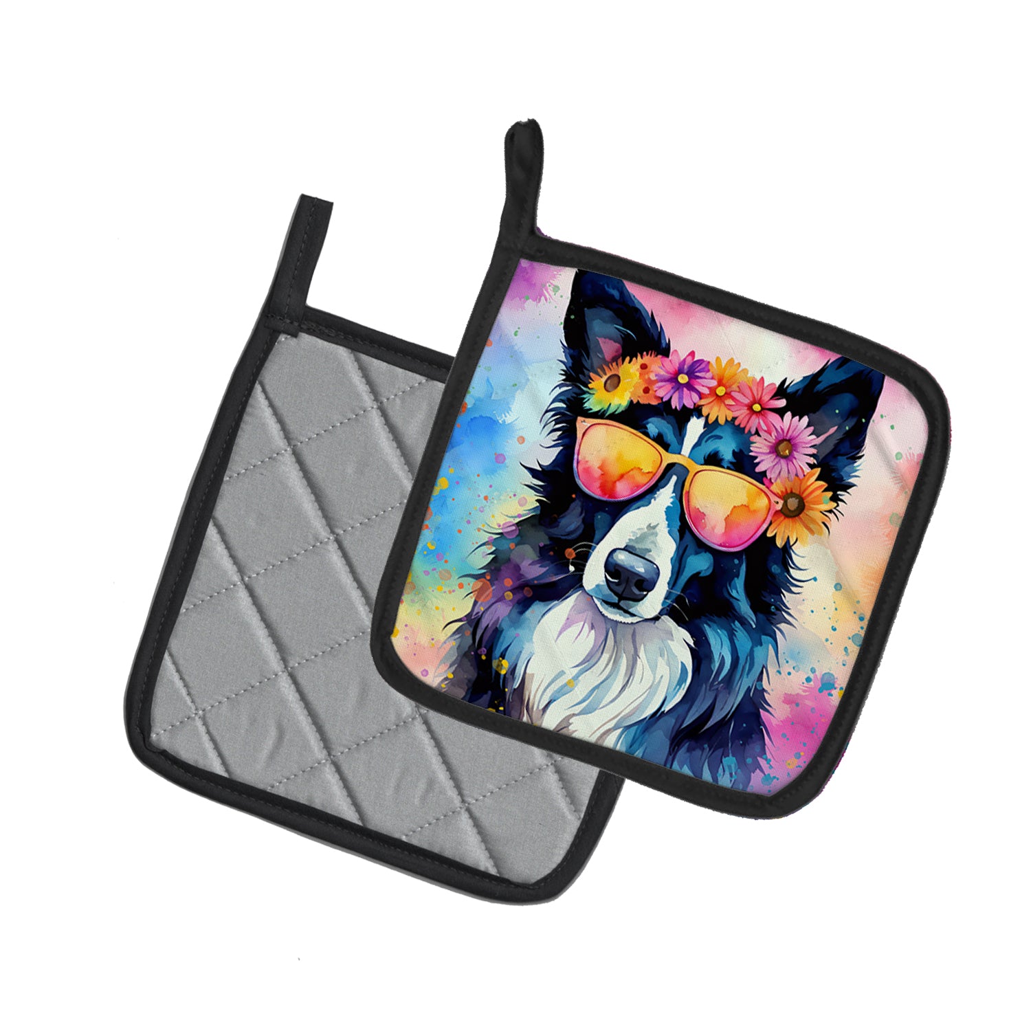 Border Collie Hippie Dawg Pair of Pot Holders