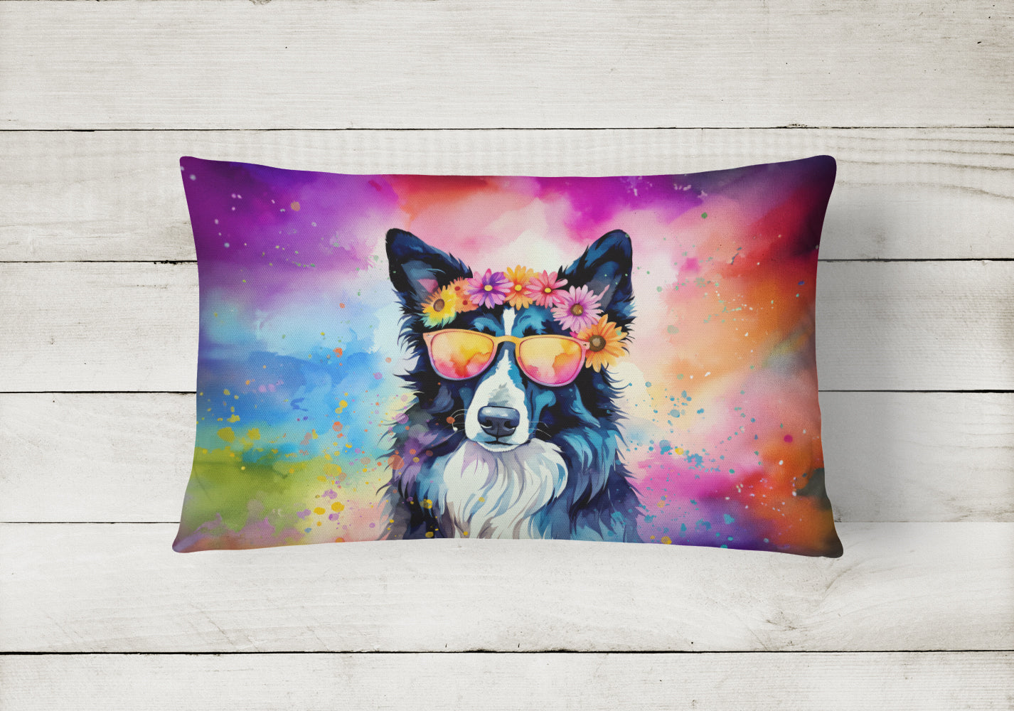Border Collie Hippie Dawg Fabric Decorative Pillow