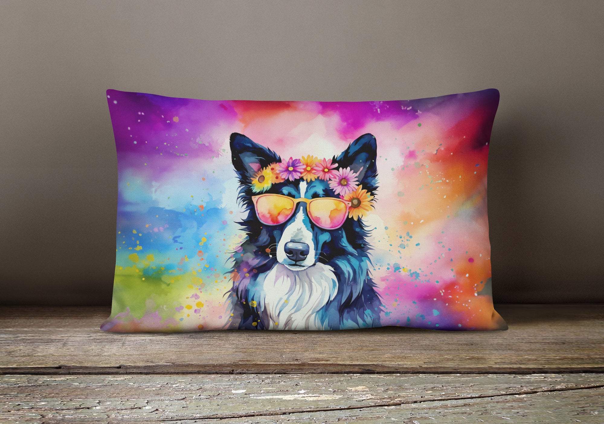 Border Collie Hippie Dawg Fabric Decorative Pillow