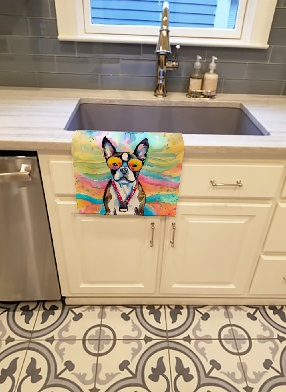 Boston Terrier Hippie Dawg Kitchen Towel