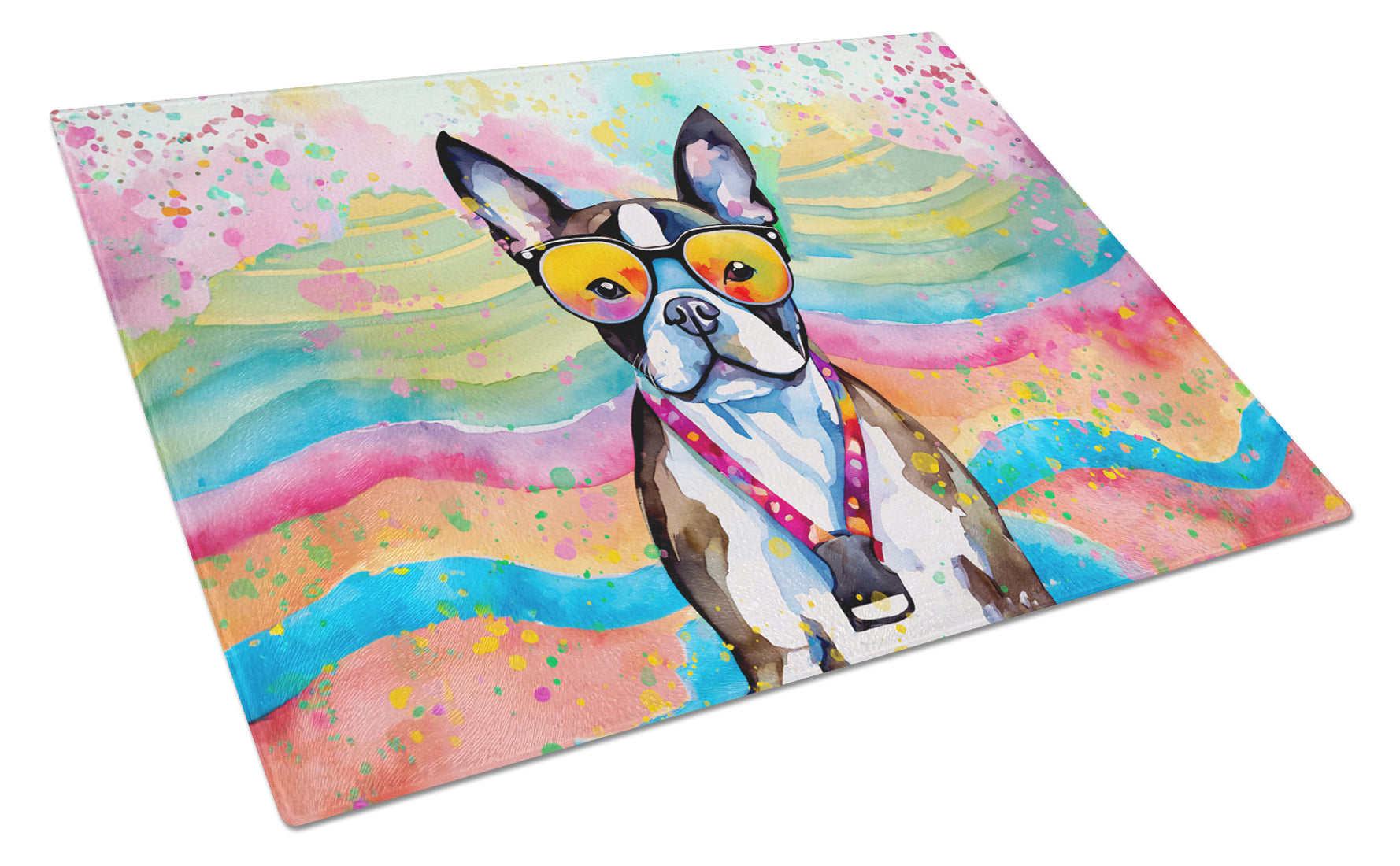 Buy this Boston Terrier Hippie Dawg Glass Cutting Board Large