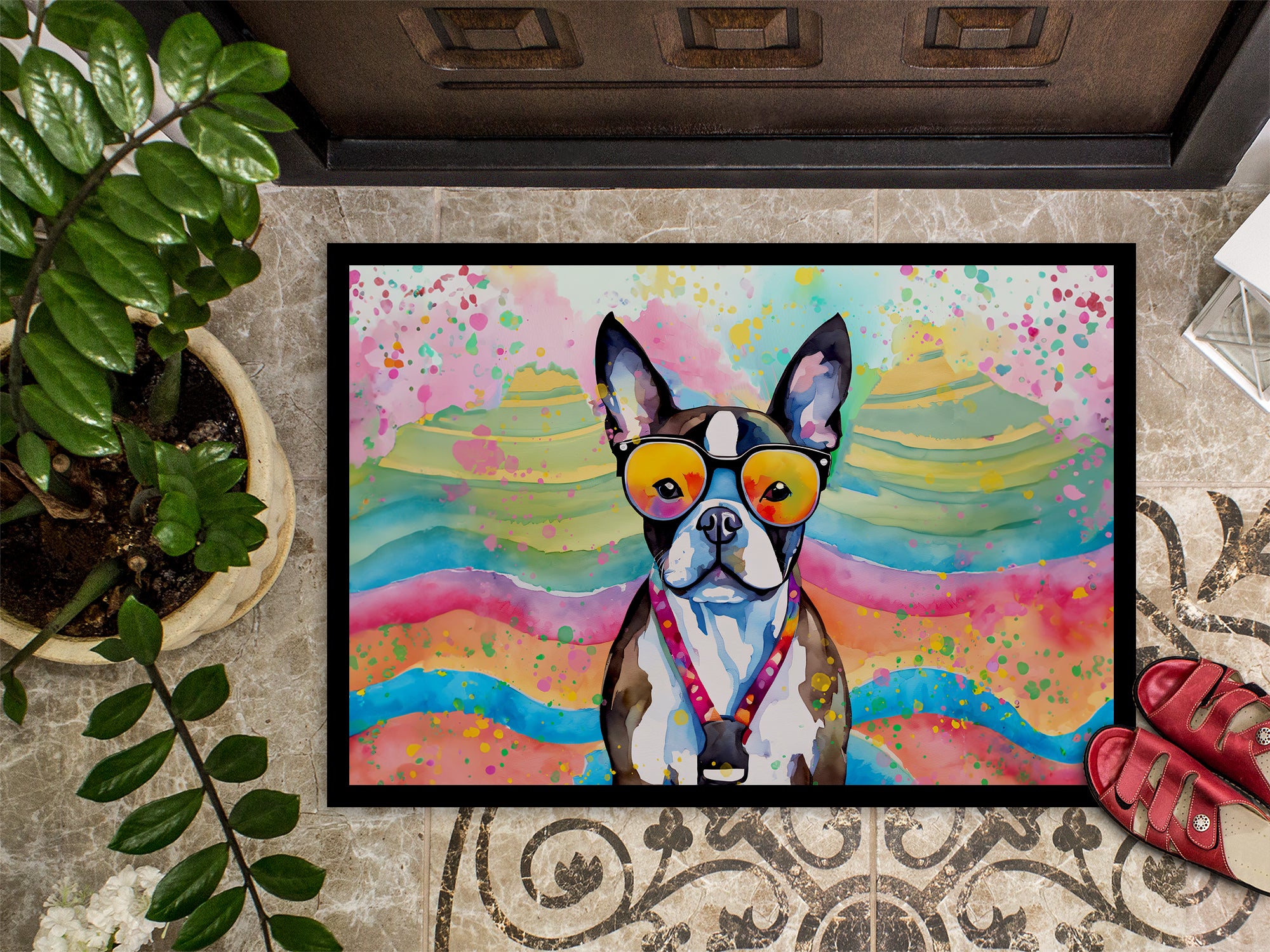 Boston Terrier Hippie Dawg Doormat