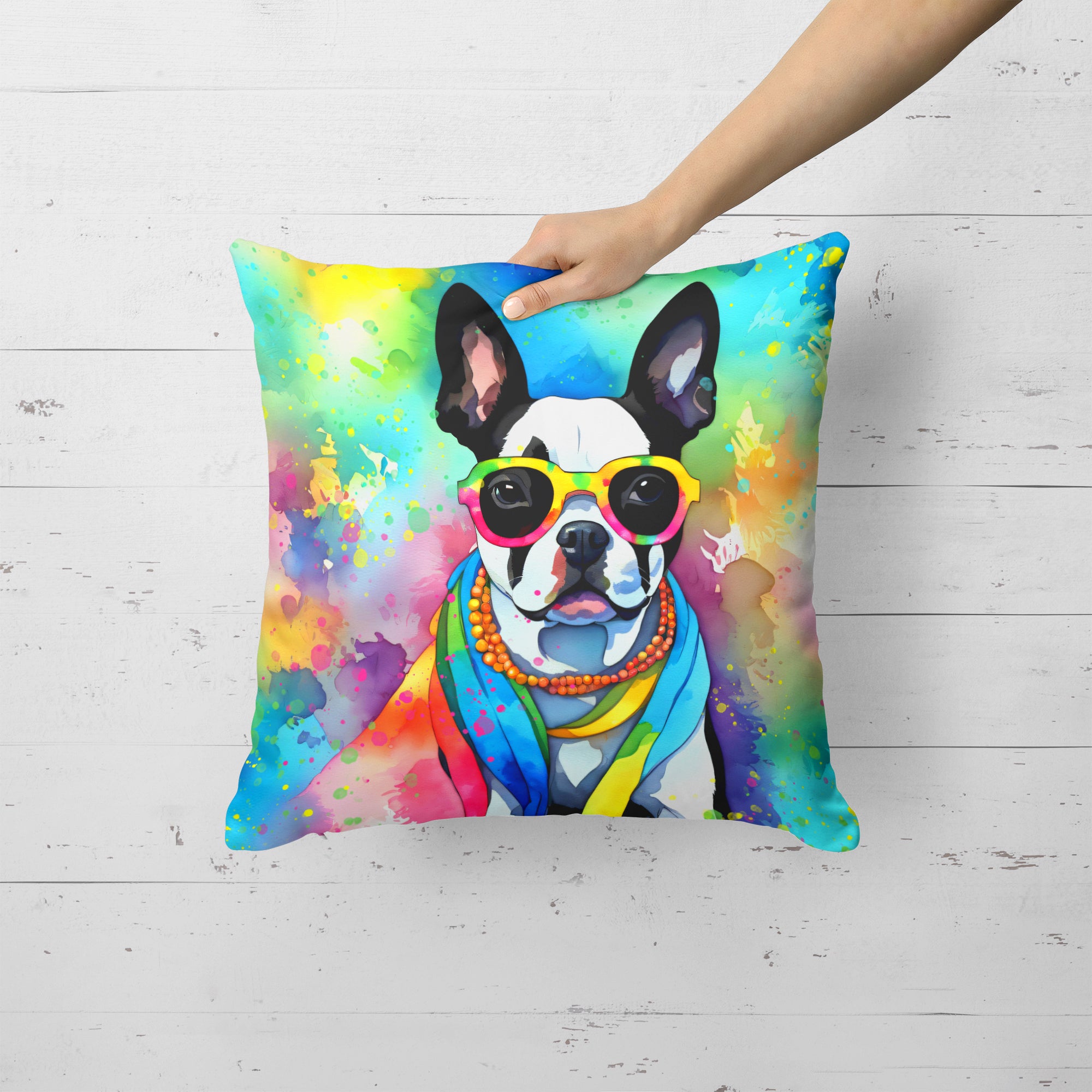 Boston Terrier Hippie Dawg Fabric Decorative Pillow