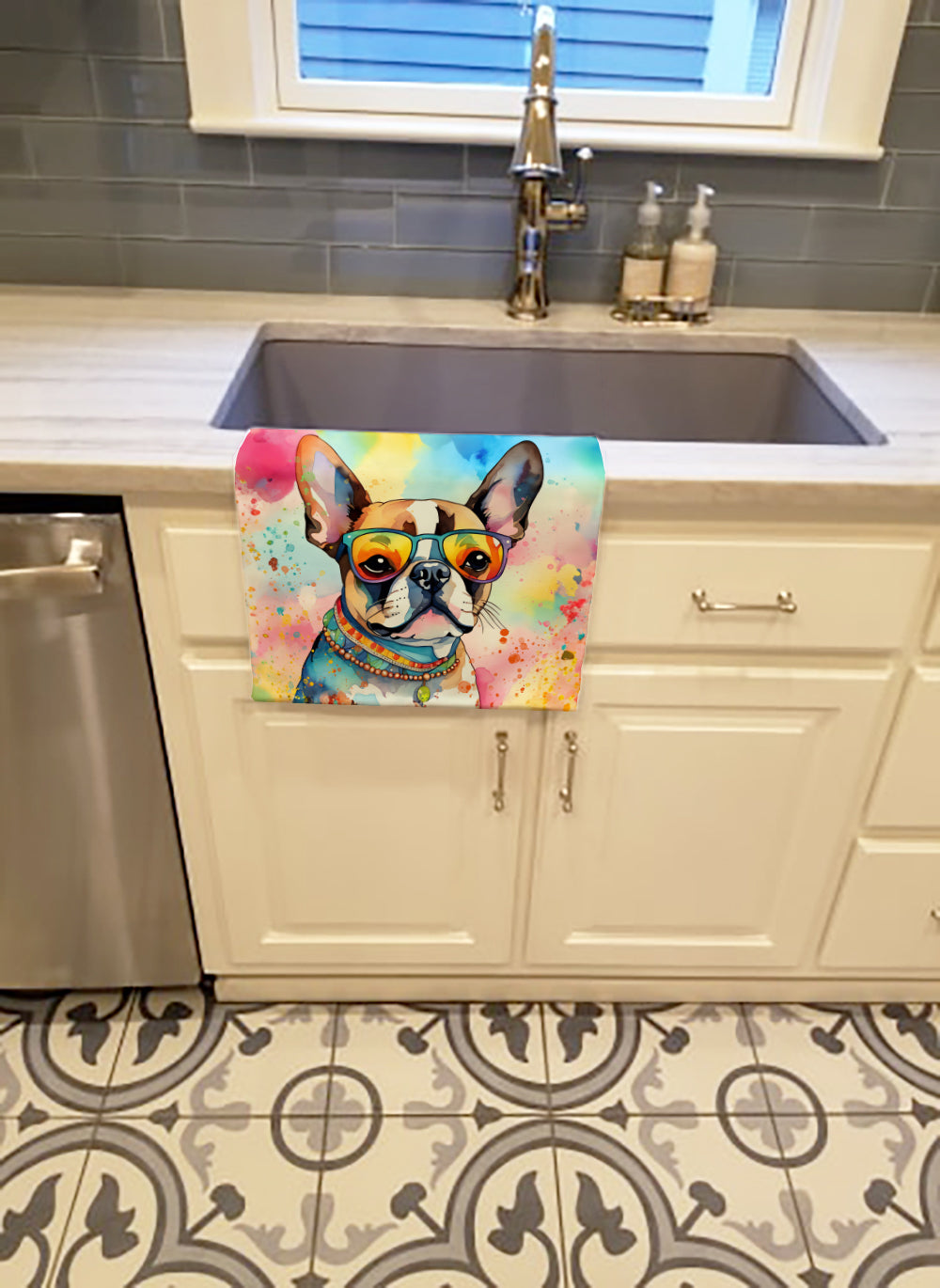 Boston Terrier Hippie Dawg Kitchen Towel