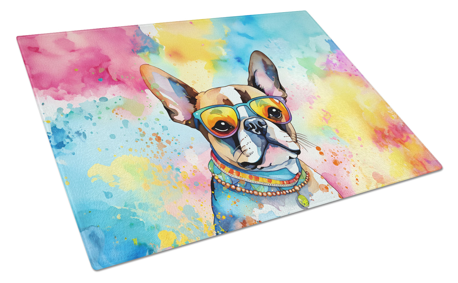 Buy this Boston Terrier Hippie Dawg Glass Cutting Board Large