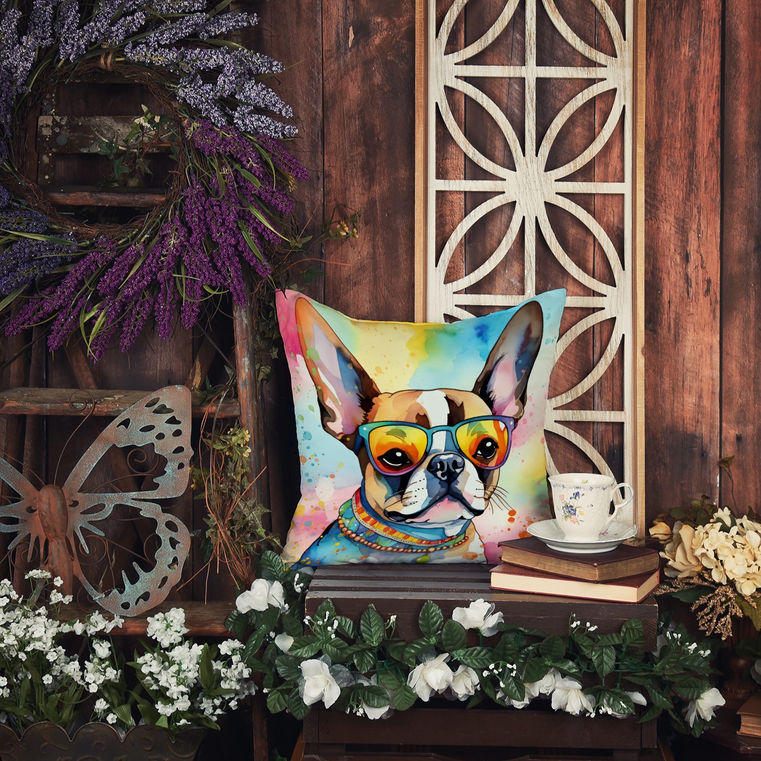 Boston Terrier Hippie Dawg Fabric Decorative Pillow