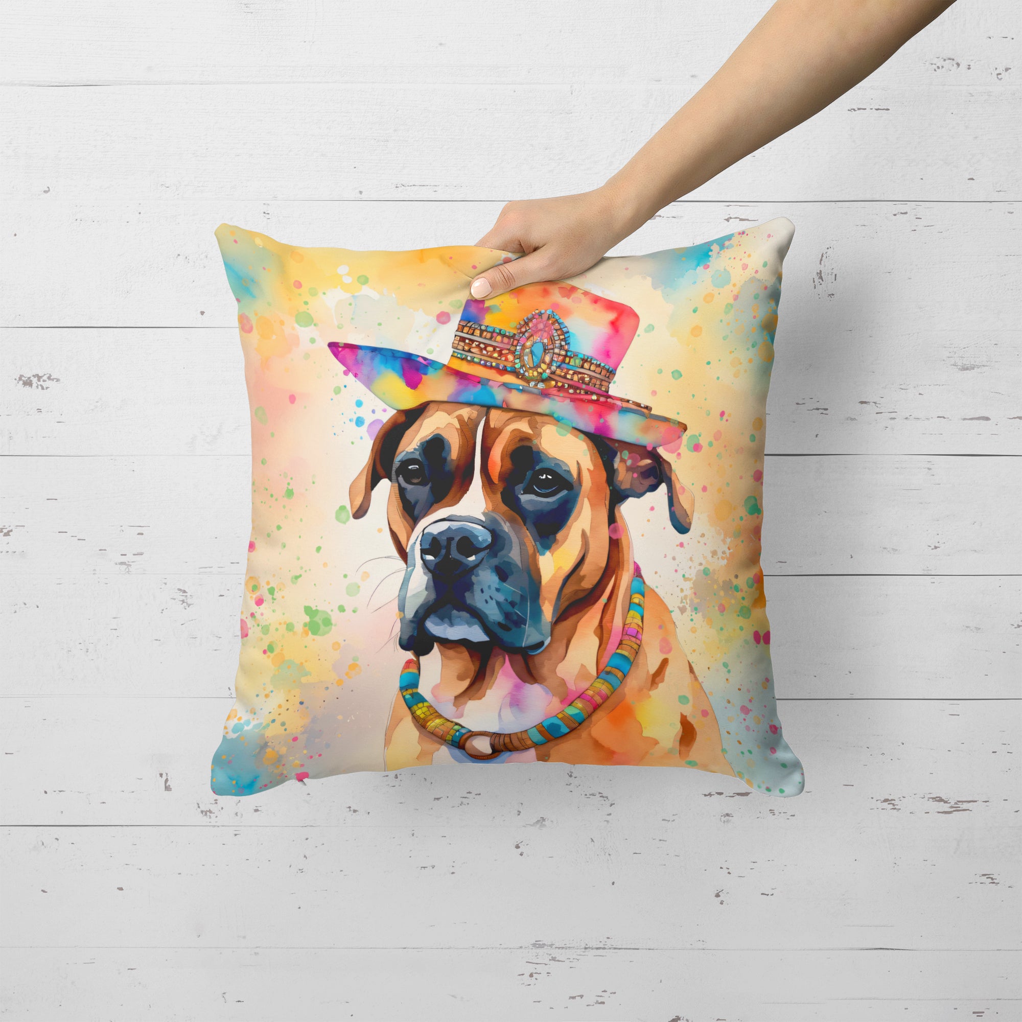 Boxer Hippie Dawg Fabric Decorative Pillow