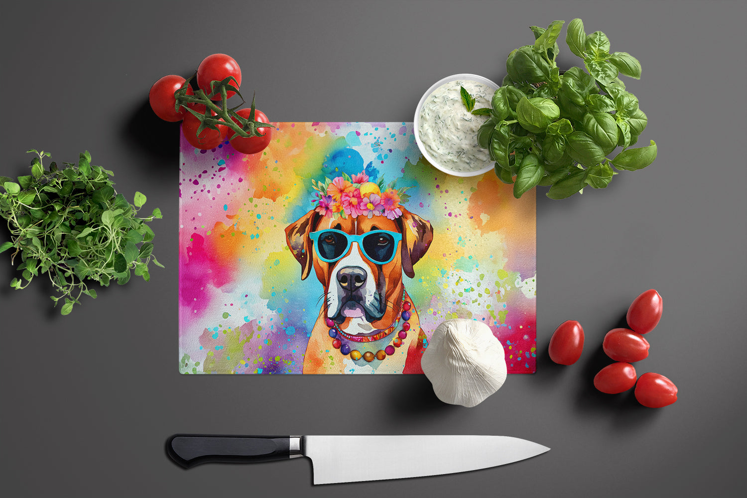 Boxer Hippie Dawg Glass Cutting Board Large