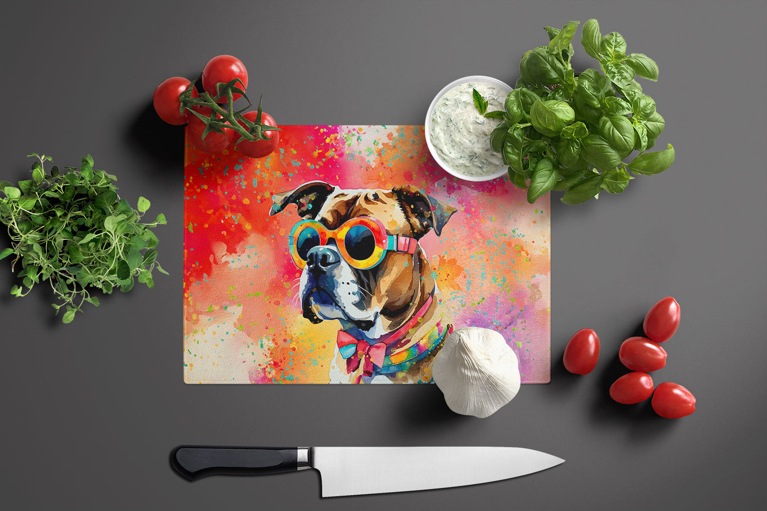 Boxer Hippie Dawg Glass Cutting Board Large