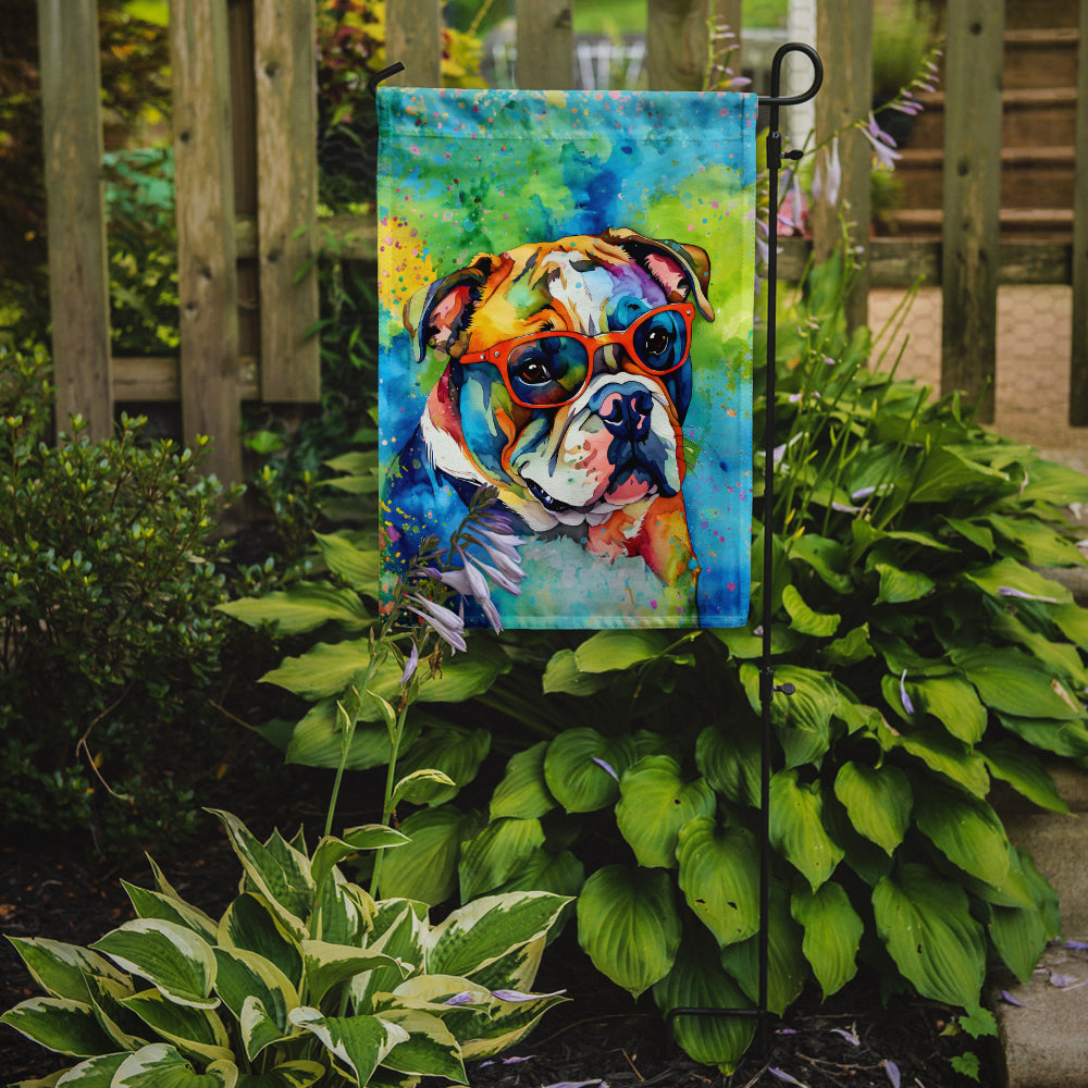 Caroline's Treasures English Bulldog Hippie Dawg Garden Flag – Retro Dog with Sunglasses & Multicolored Background