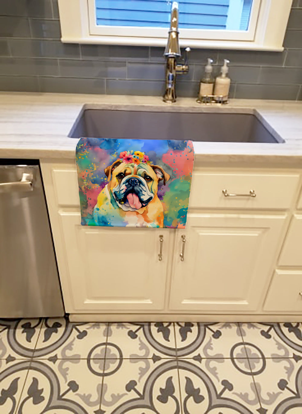 English Bulldog Hippie Dawg Kitchen Towel
