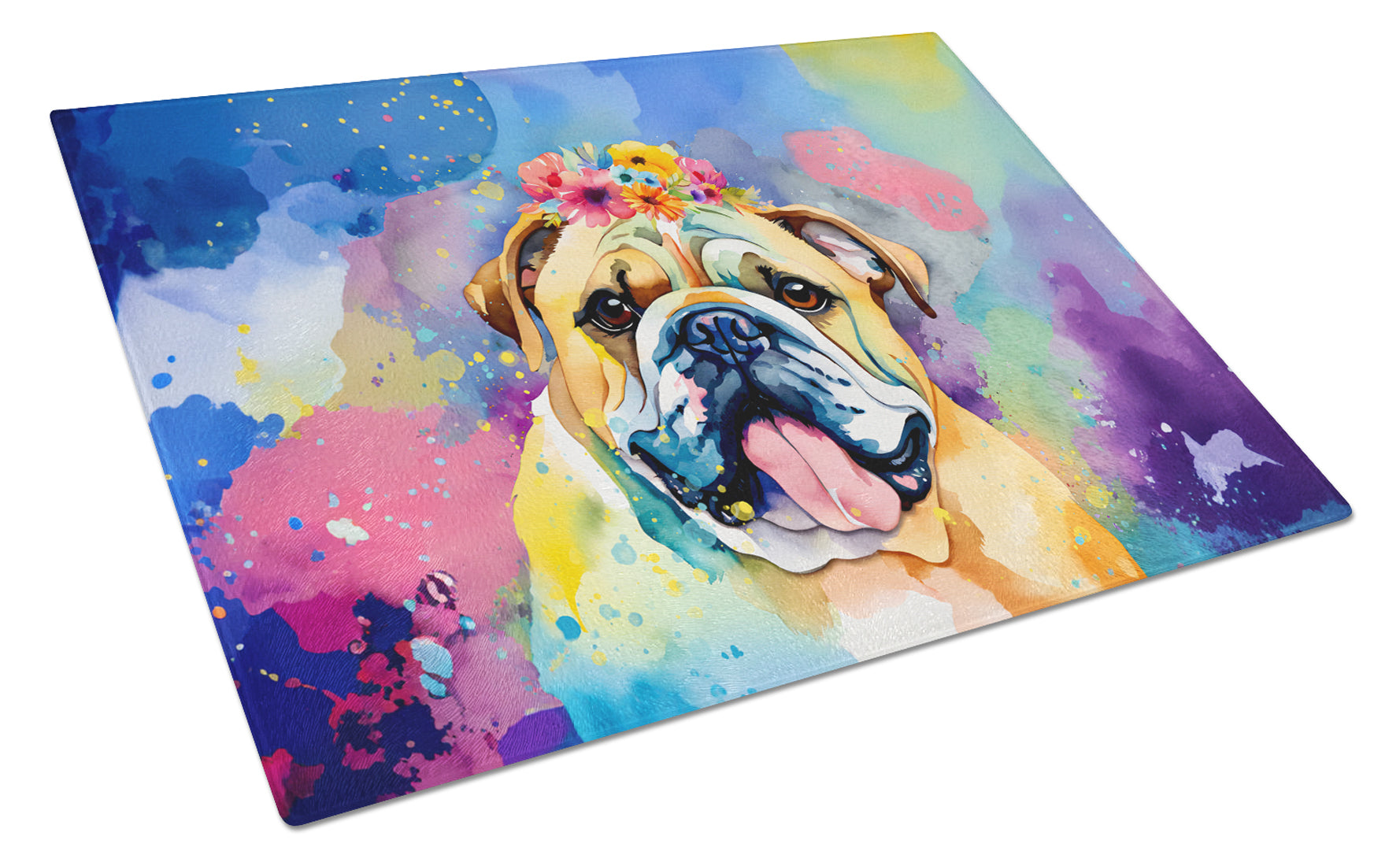 Buy this English Bulldog Hippie Dawg Glass Cutting Board Large