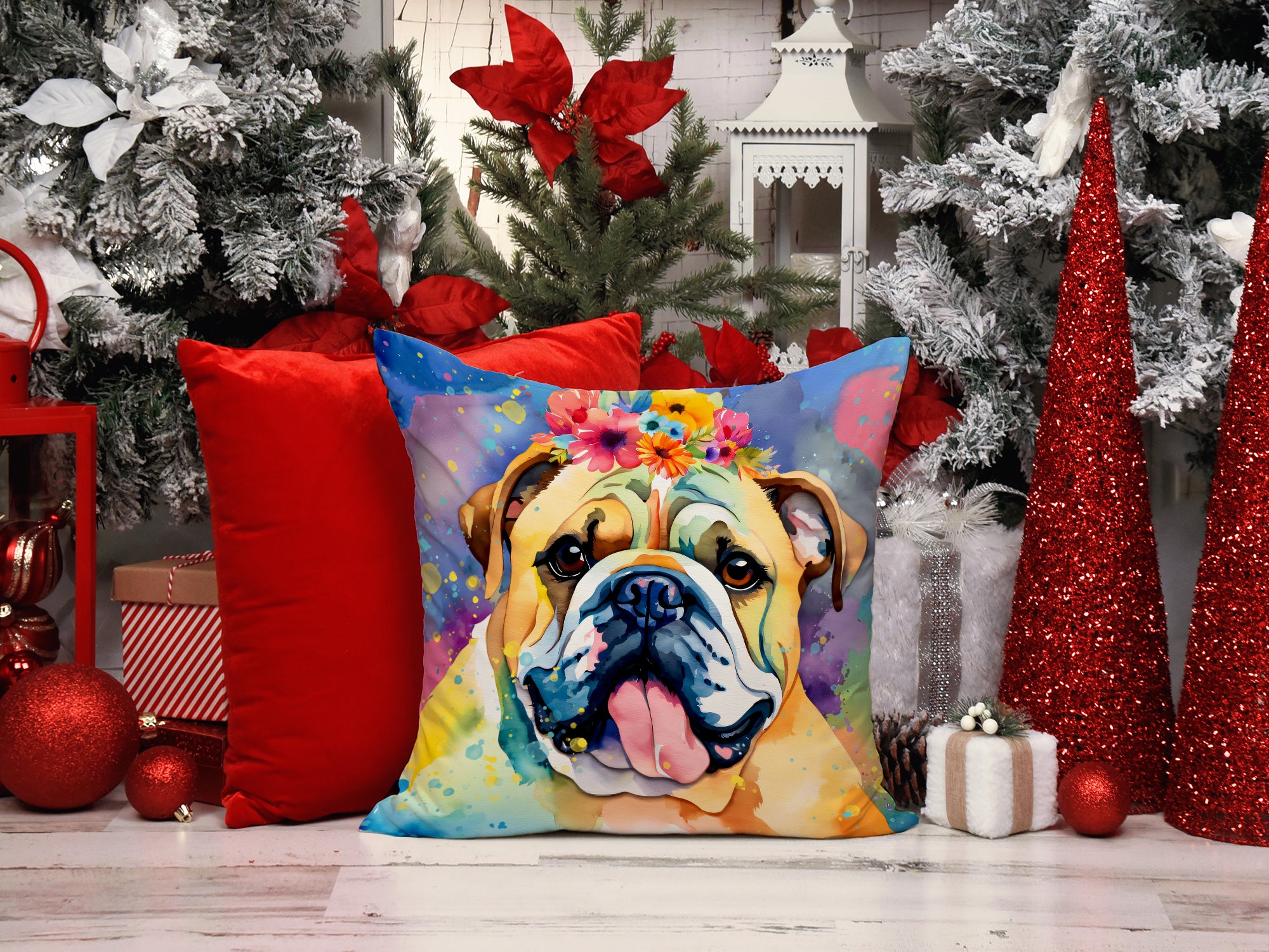 English Bulldog Hippie Dawg Fabric Decorative Pillow