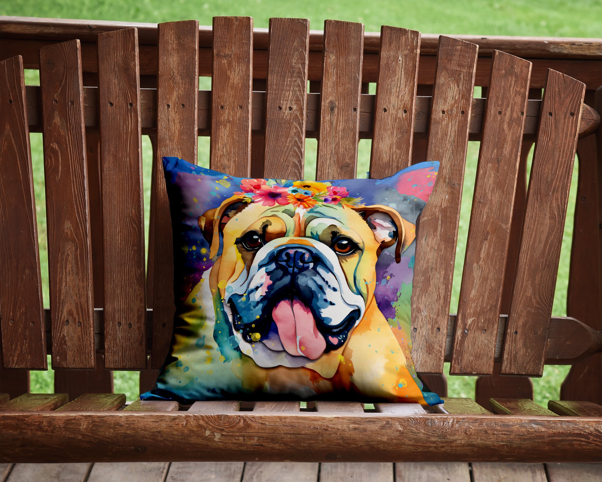 English Bulldog Hippie Dawg Fabric Decorative Pillow