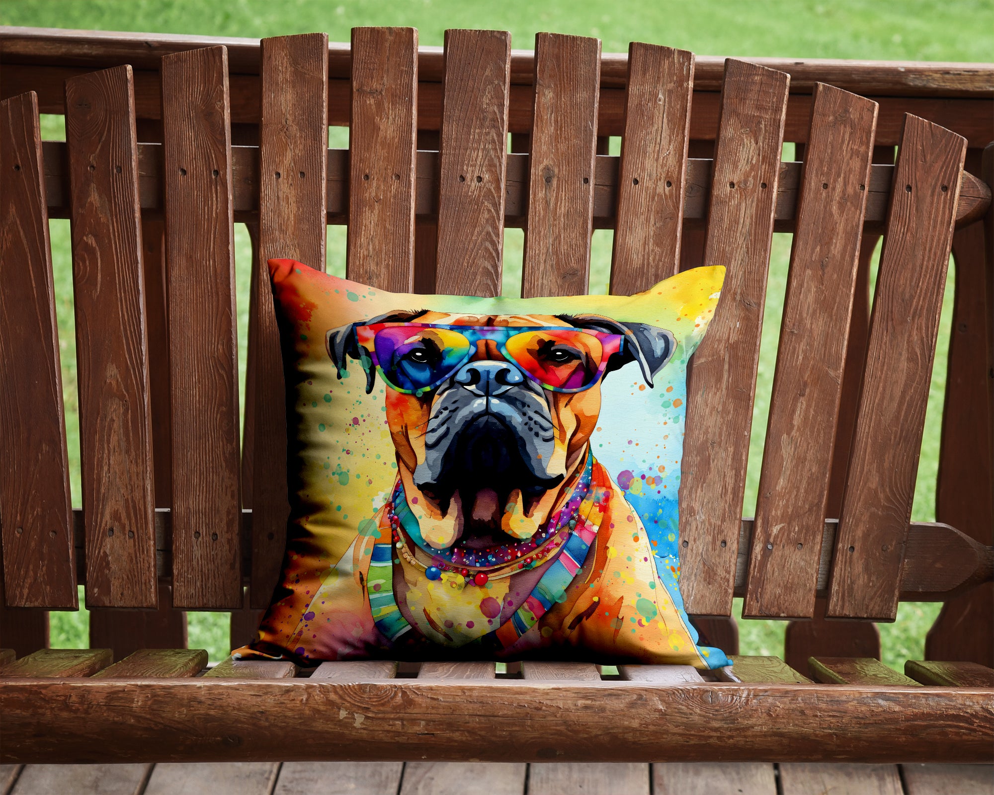 Bullmastiff Hippie Dawg Fabric Decorative Pillow