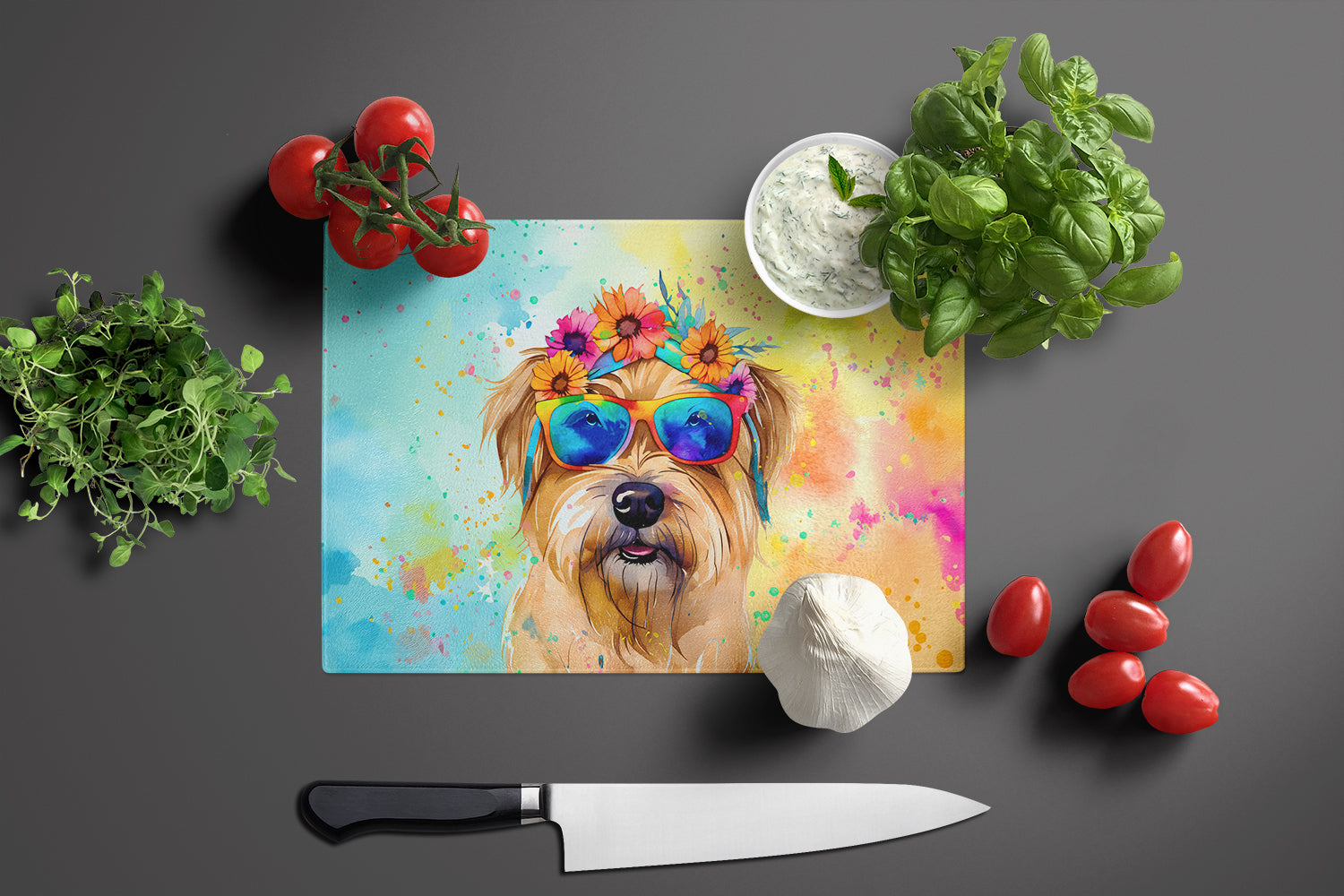 Cairn Terrier Hippie Dawg Glass Cutting Board Large