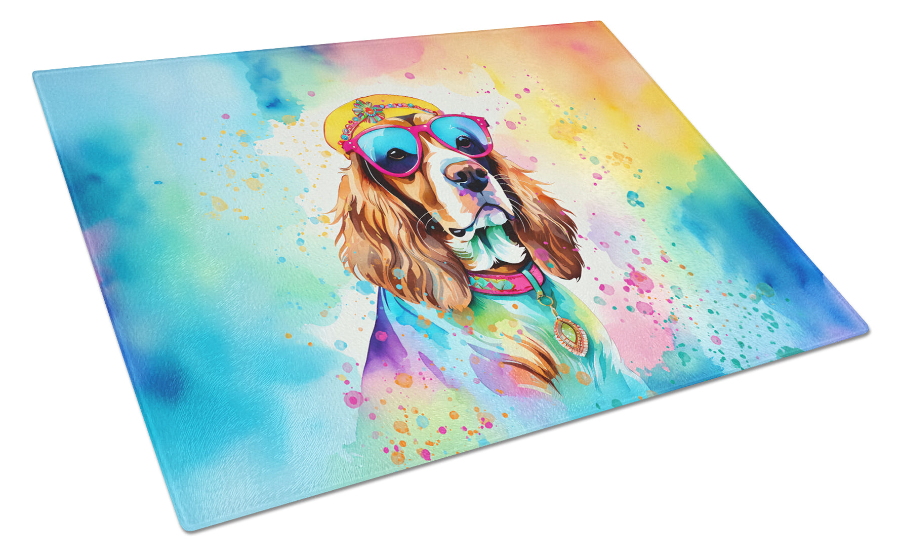 Buy this Cavalier Spaniel Hippie Dawg Glass Cutting Board Large