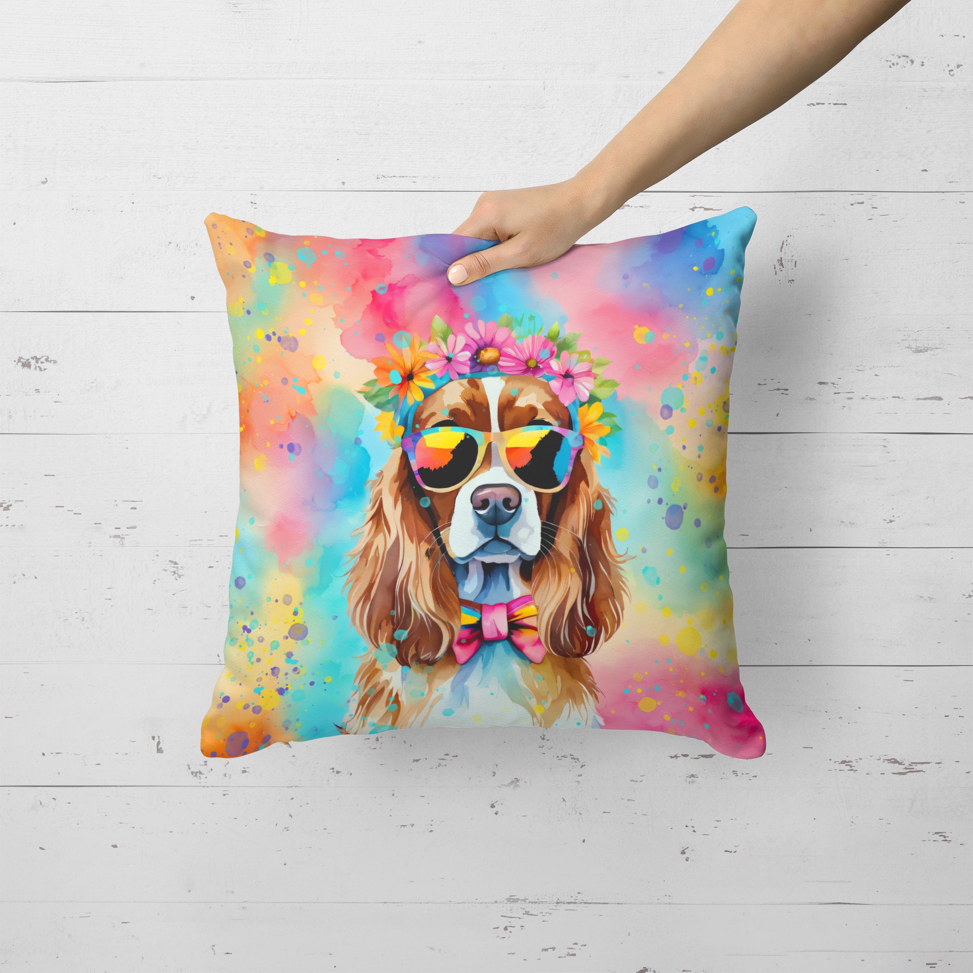 Cavalier Spaniel Hippie Dawg Fabric Decorative Pillow