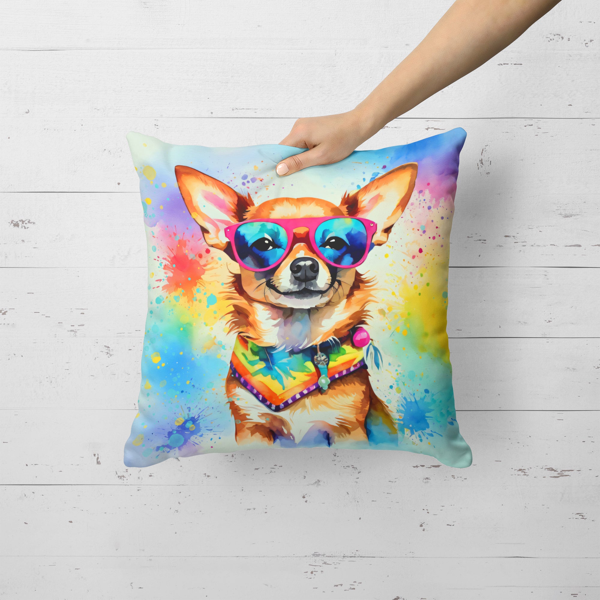 Chihuahua Hippie Dawg Fabric Decorative Pillow