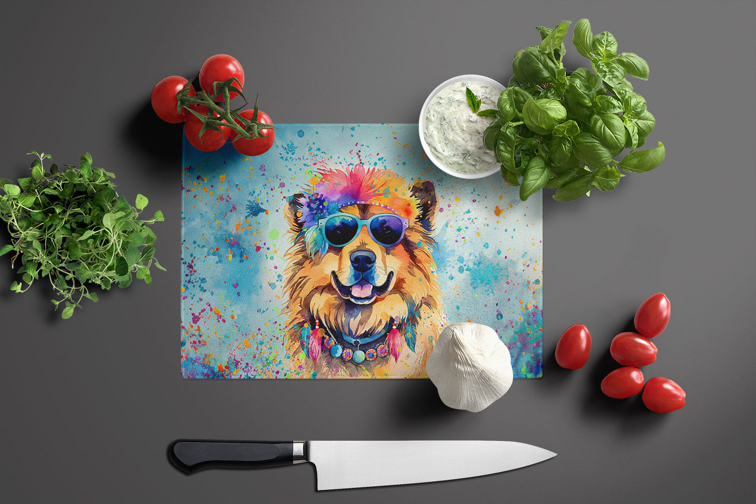 Chow Chow Hippie Dawg Glass Cutting Board Large
