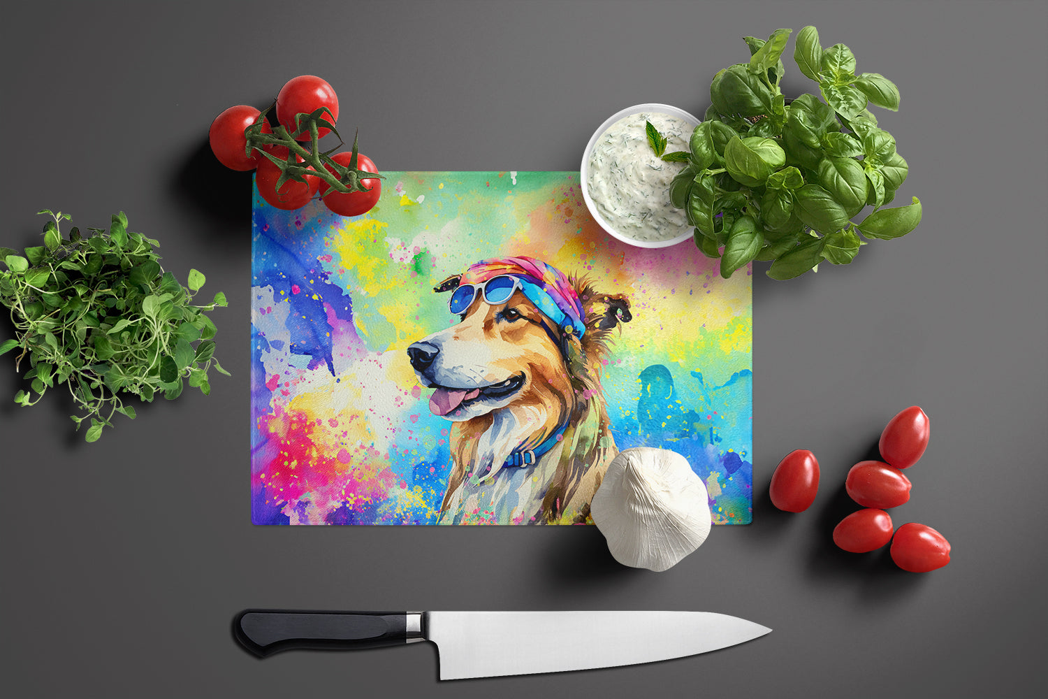 Collie Hippie Dawg Glass Cutting Board Large