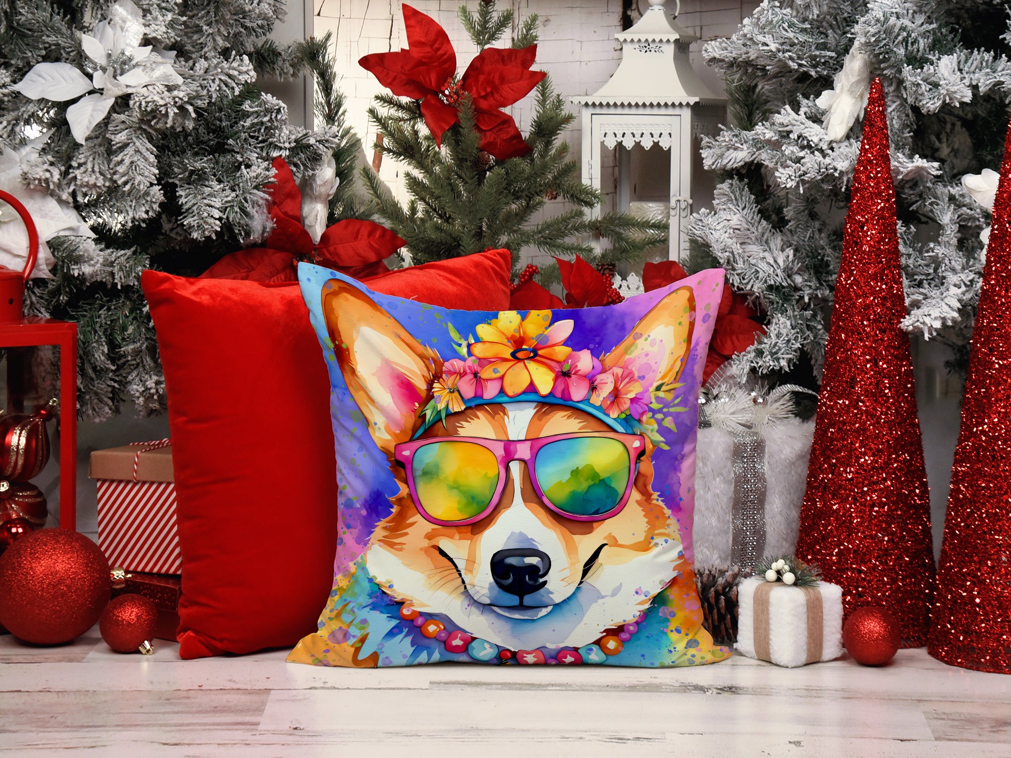 Corgi Hippie Dawg Fabric Decorative Pillow
