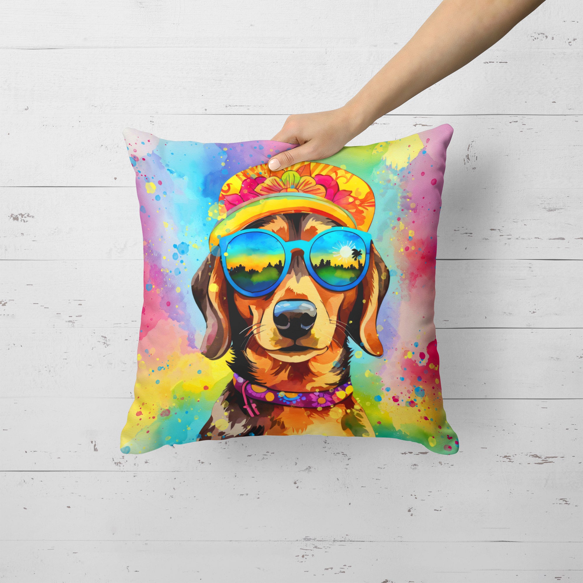 Dachshund Hippie Dawg Fabric Decorative Pillow