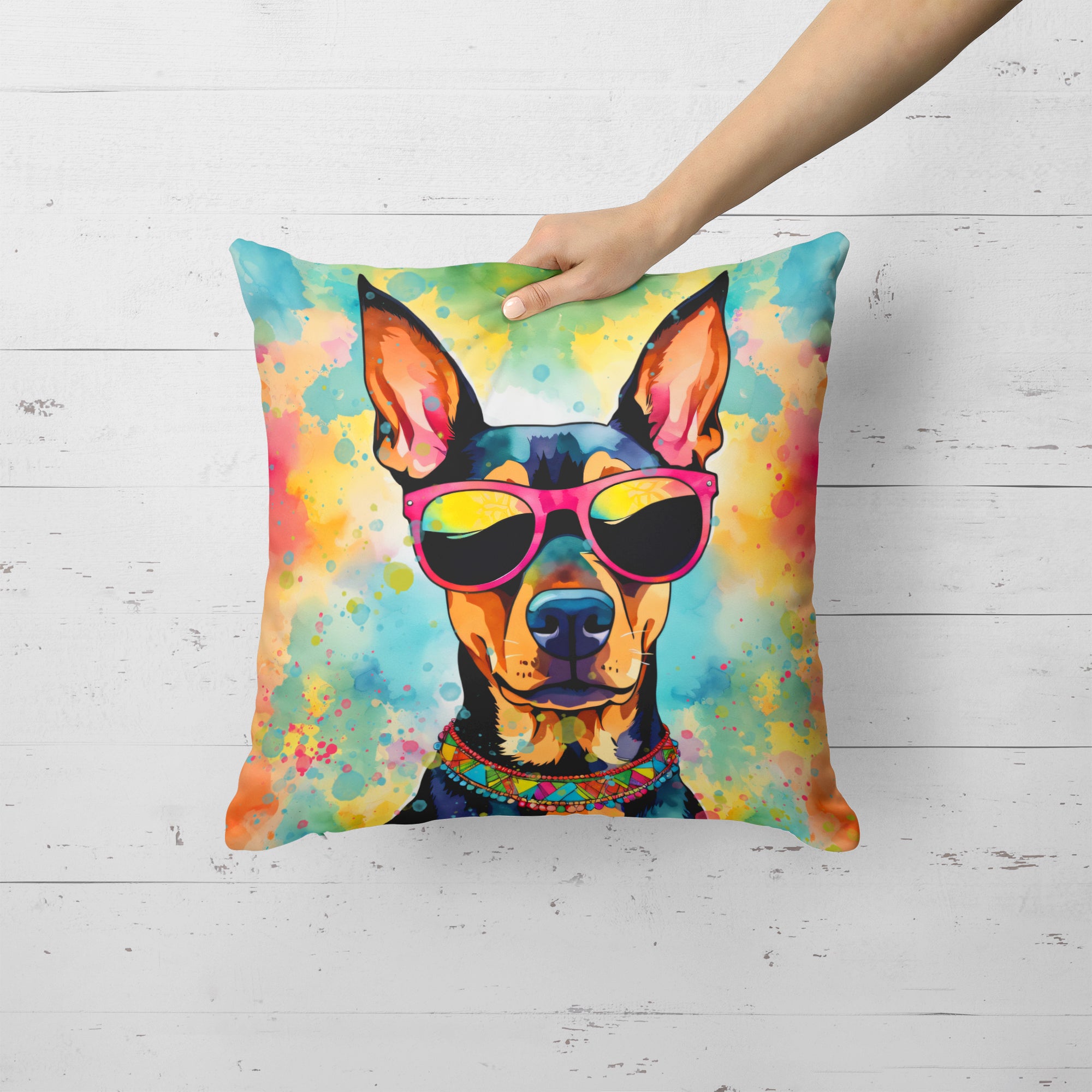 Doberman Pinscher Hippie Dawg Fabric Decorative Pillow