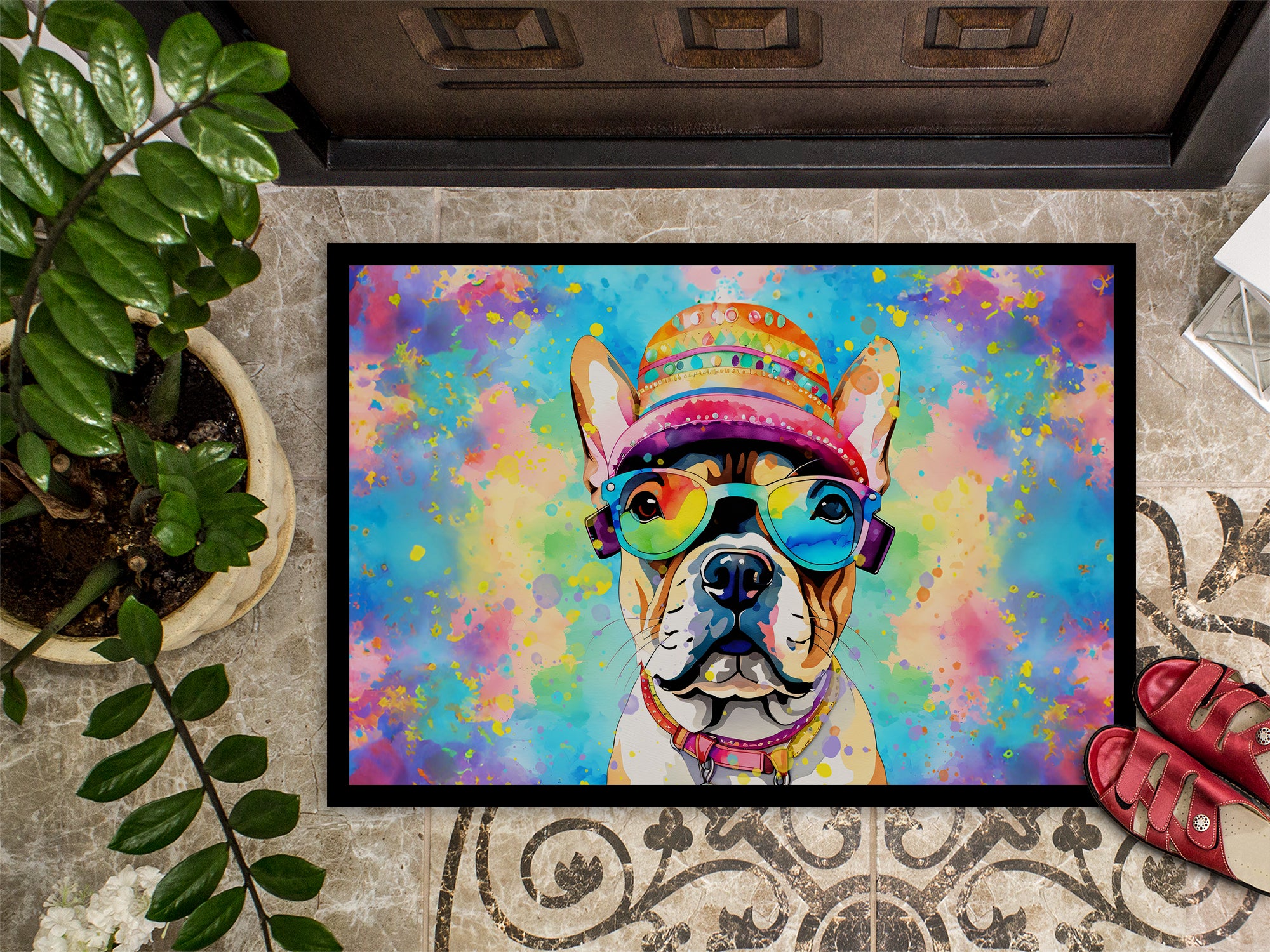 French Bulldog Hippie Dawg Indoor or Outdoor Mat 24x36