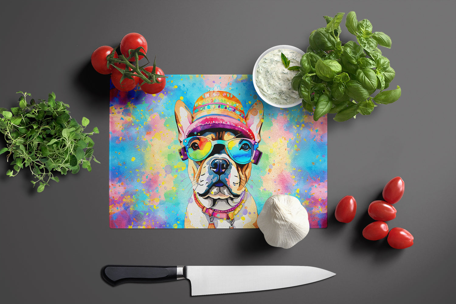 French Bulldog Hippie Dawg Glass Cutting Board Large