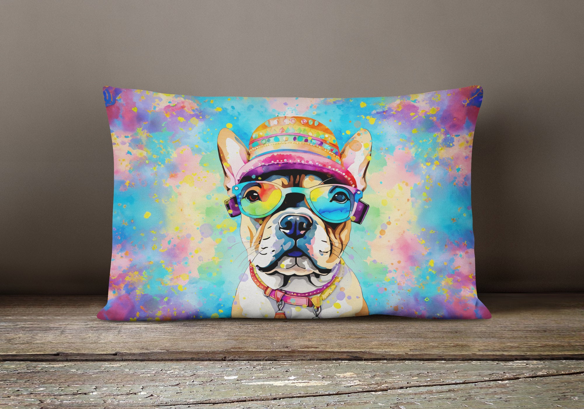 French Bulldog Hippie Dawg Fabric Decorative Pillow