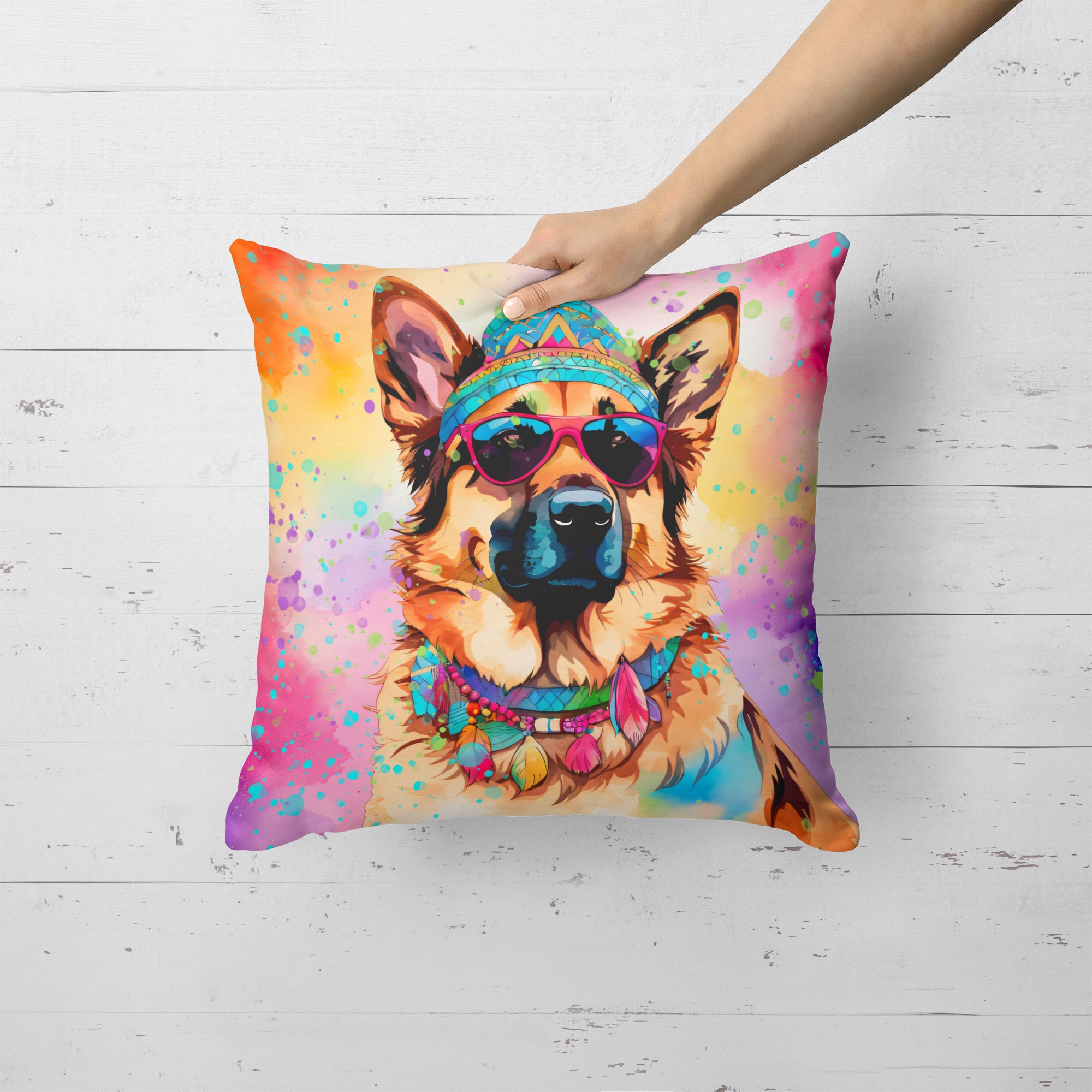 German Shepherd Hippie Dawg Fabric Decorative Pillow