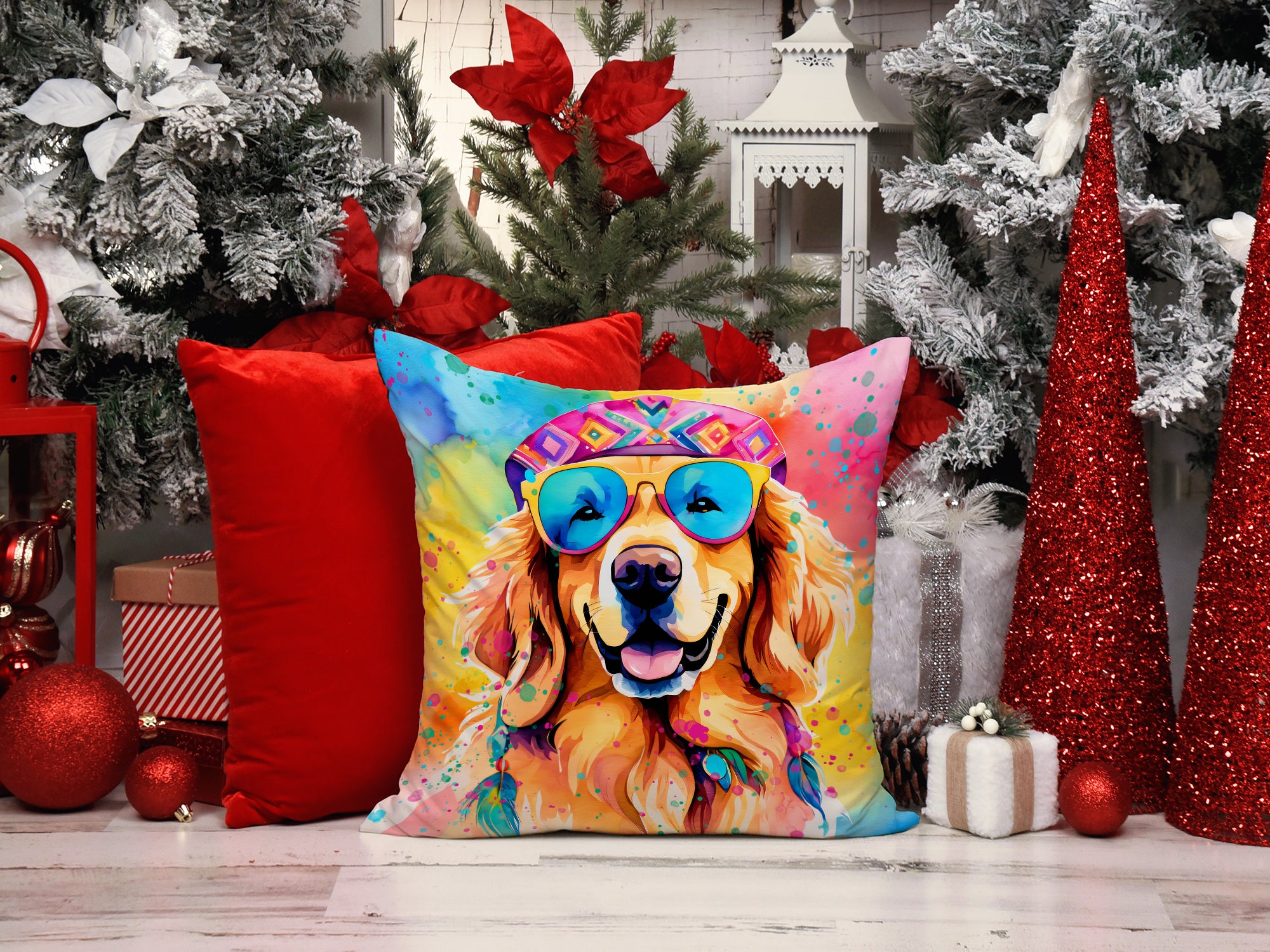 Golden Retriever Hippie Dawg Fabric Decorative Pillow