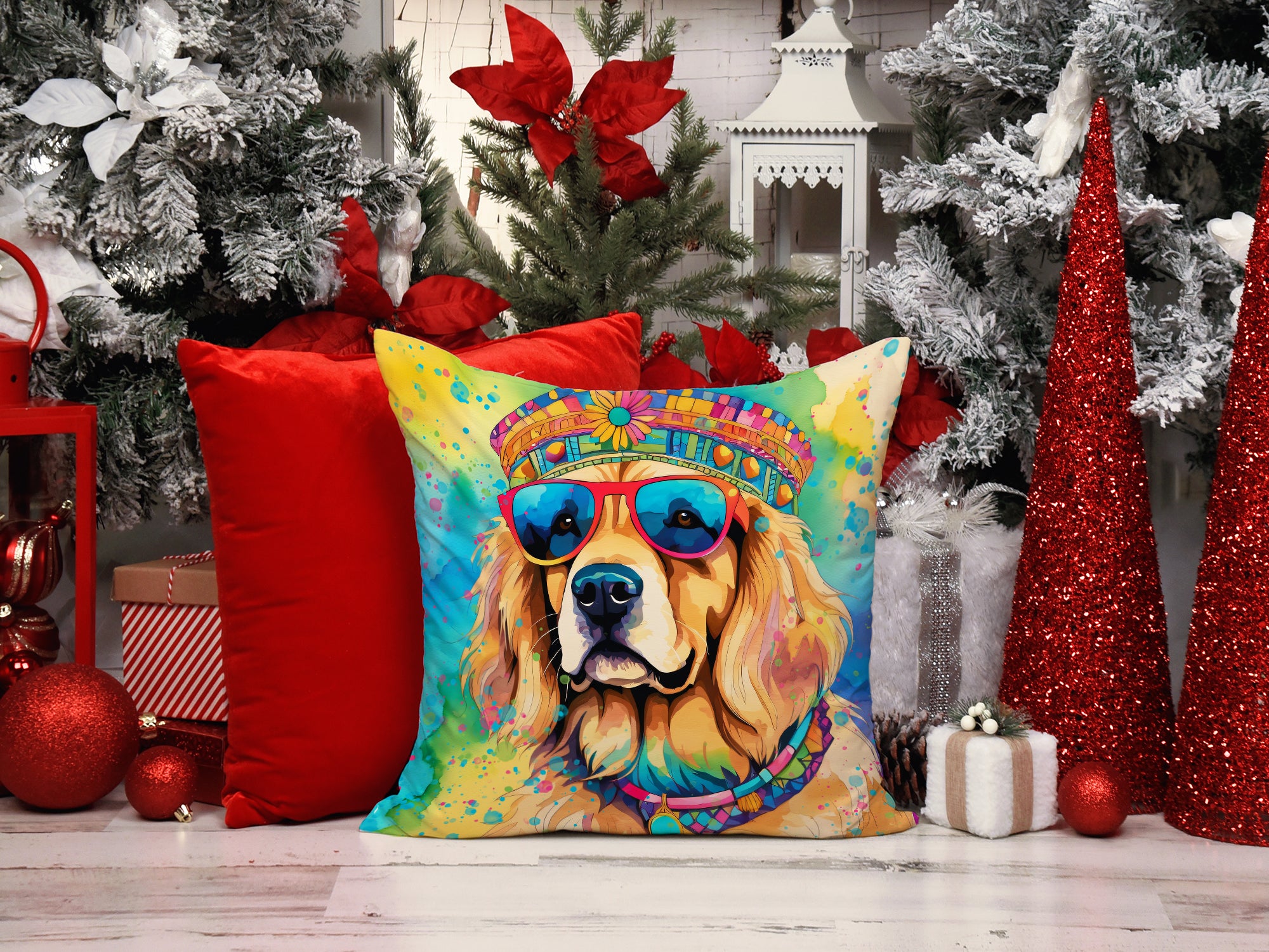 Golden Retriever Hippie Dawg Fabric Decorative Pillow