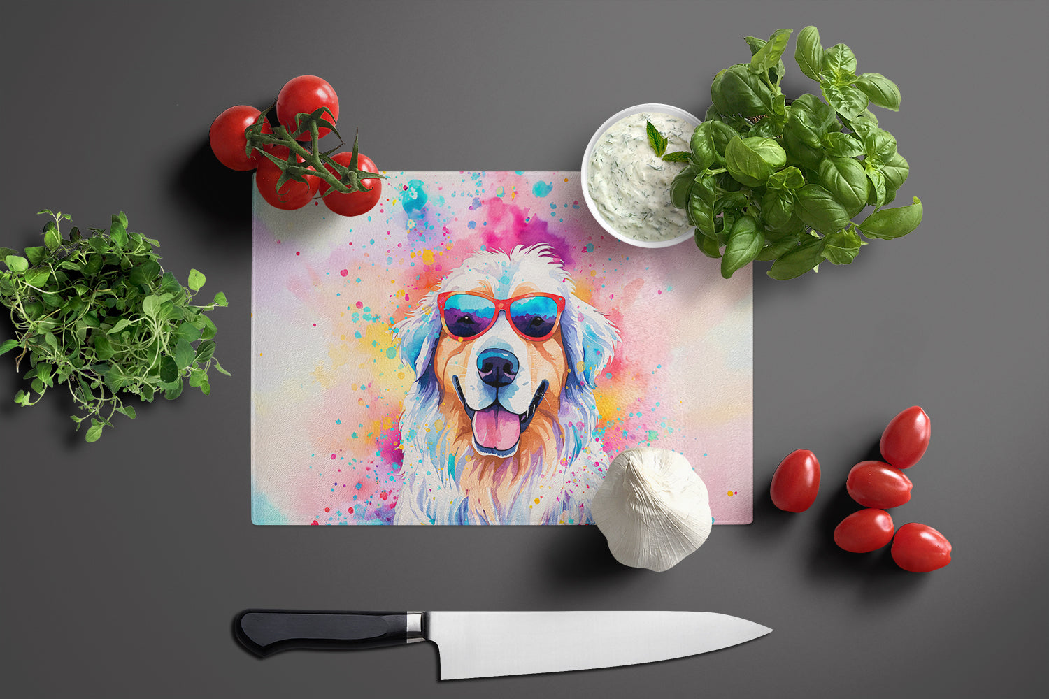 Great Pyrenees Hippie Dawg Glass Cutting Board Large