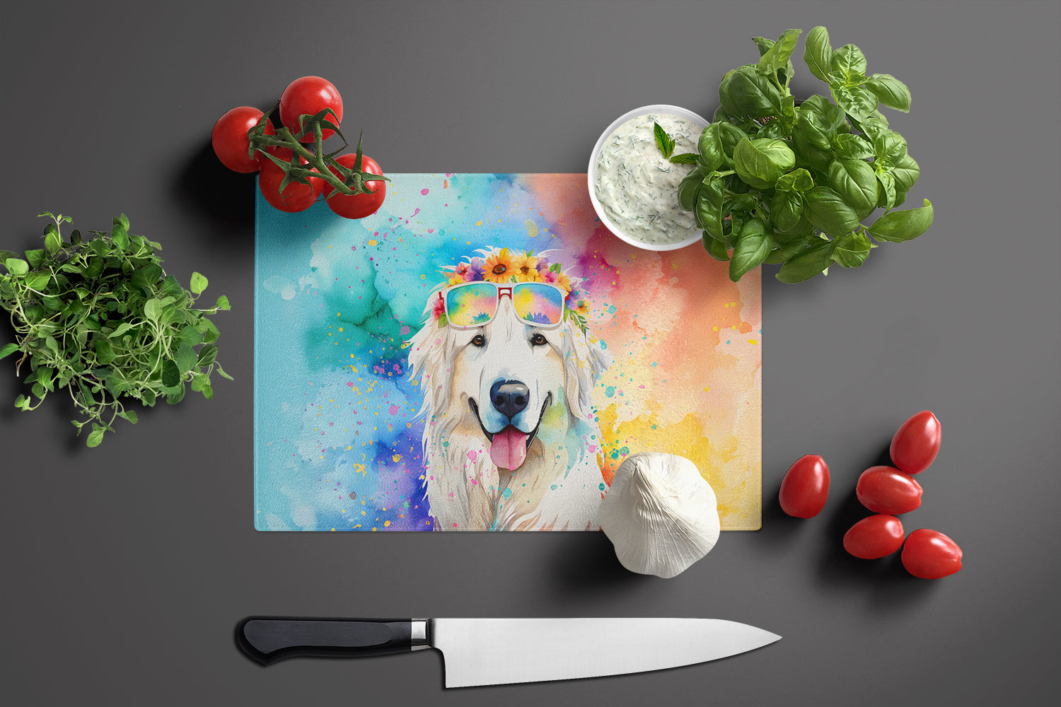 Great Pyrenees Hippie Dawg Glass Cutting Board Large