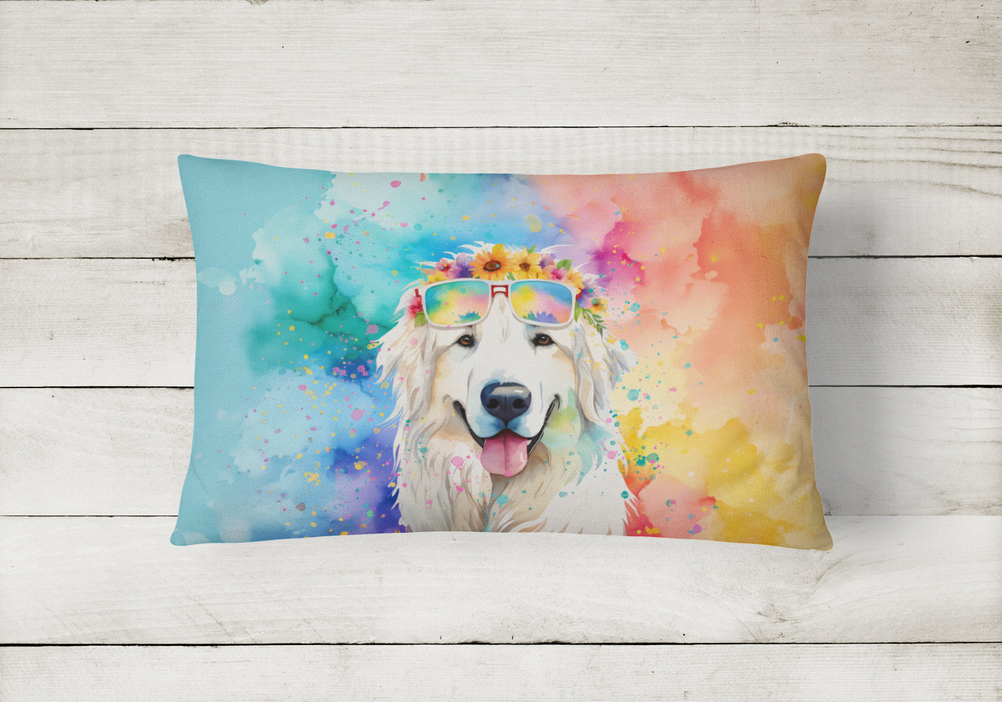 Great Pyrenees Hippie Dawg Fabric Decorative Pillow