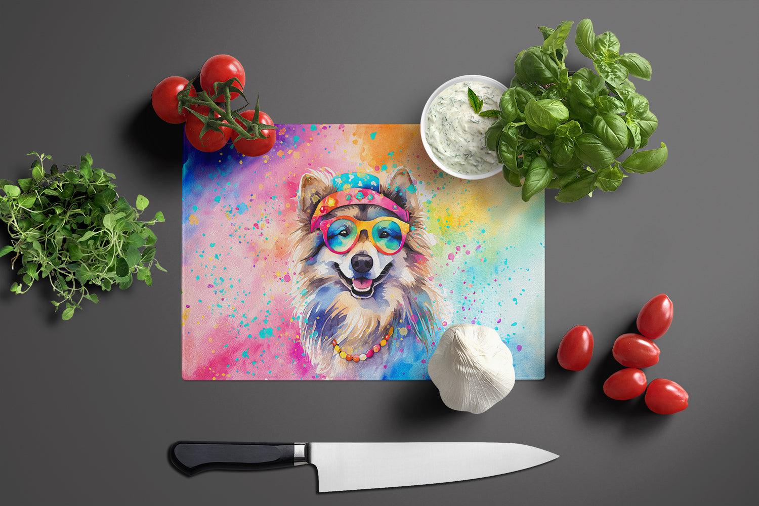 Keeshond Hippie Dawg Glass Cutting Board Large