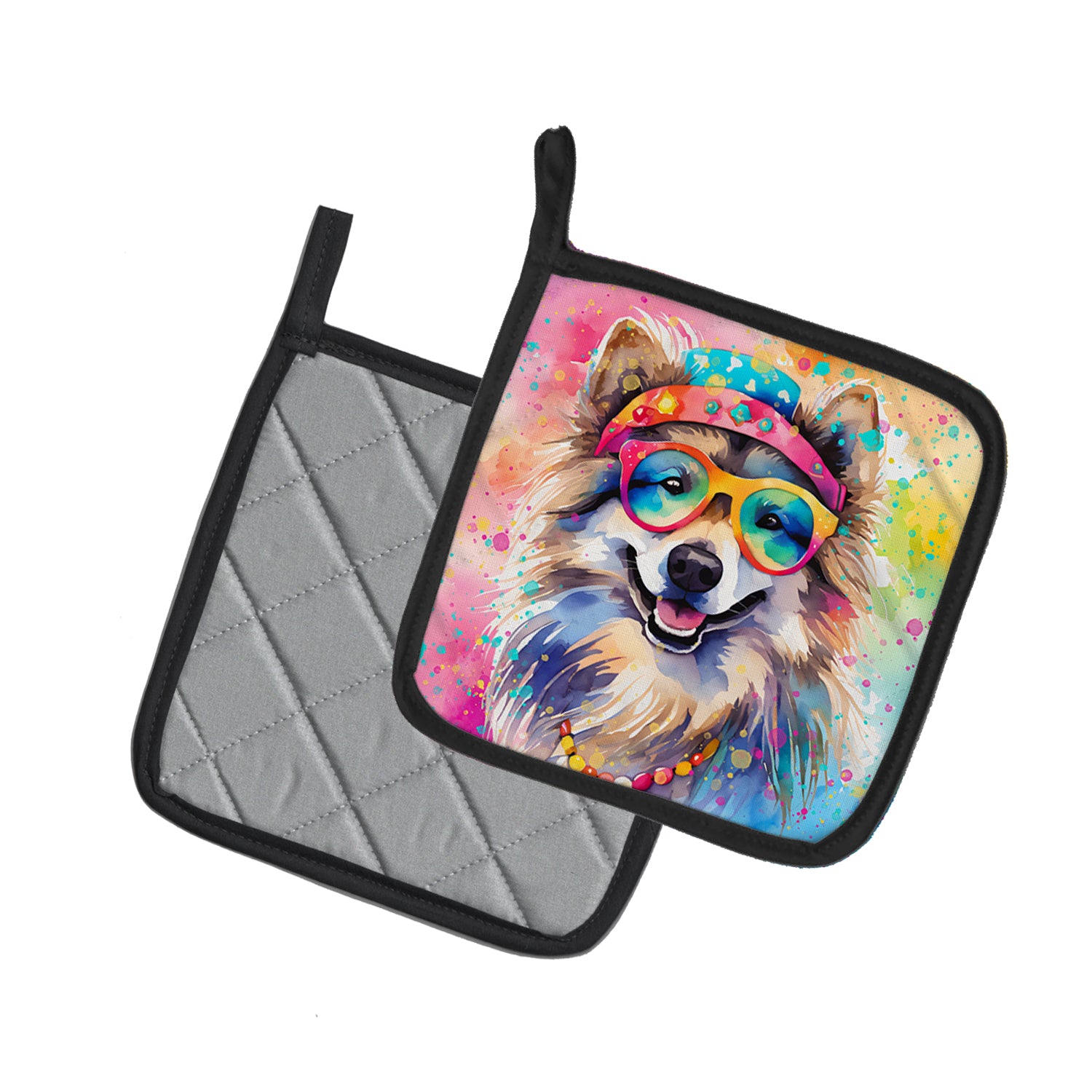 Keeshond Hippie Dawg Pair of Pot Holders