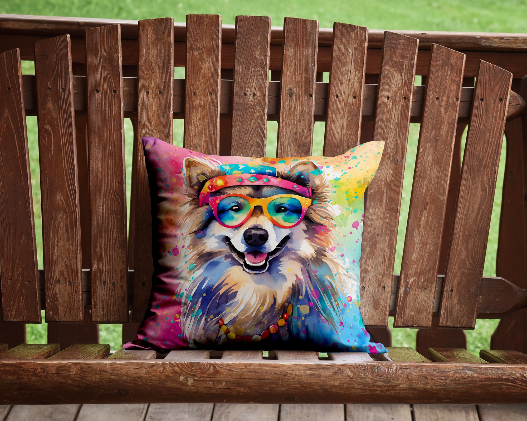 Keeshond Hippie Dawg Fabric Decorative Pillow