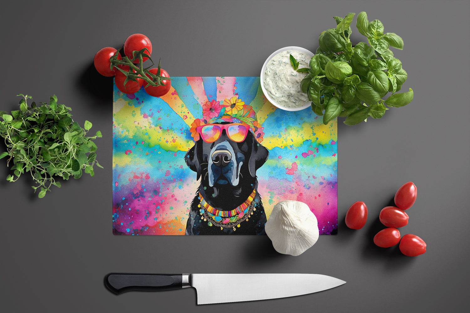 Black Labrador Hippie Dawg Glass Cutting Board Large