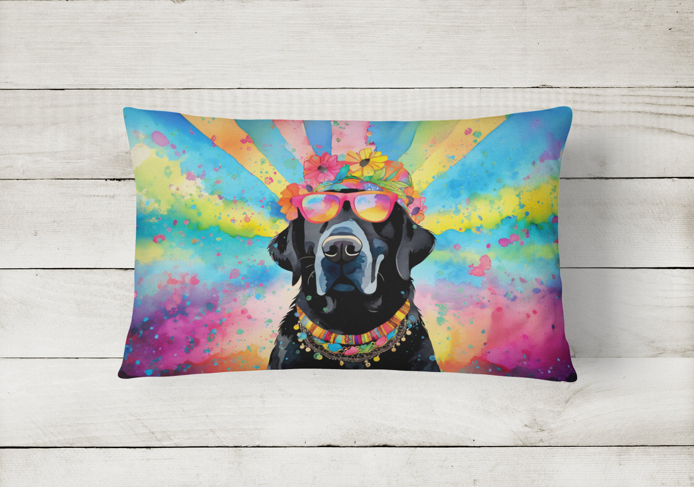 Black Labrador Hippie Dawg Fabric Decorative Pillow