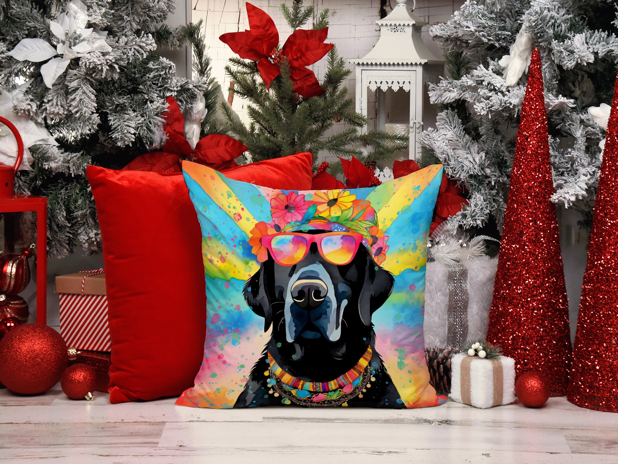 Black Labrador Hippie Dawg Fabric Decorative Pillow