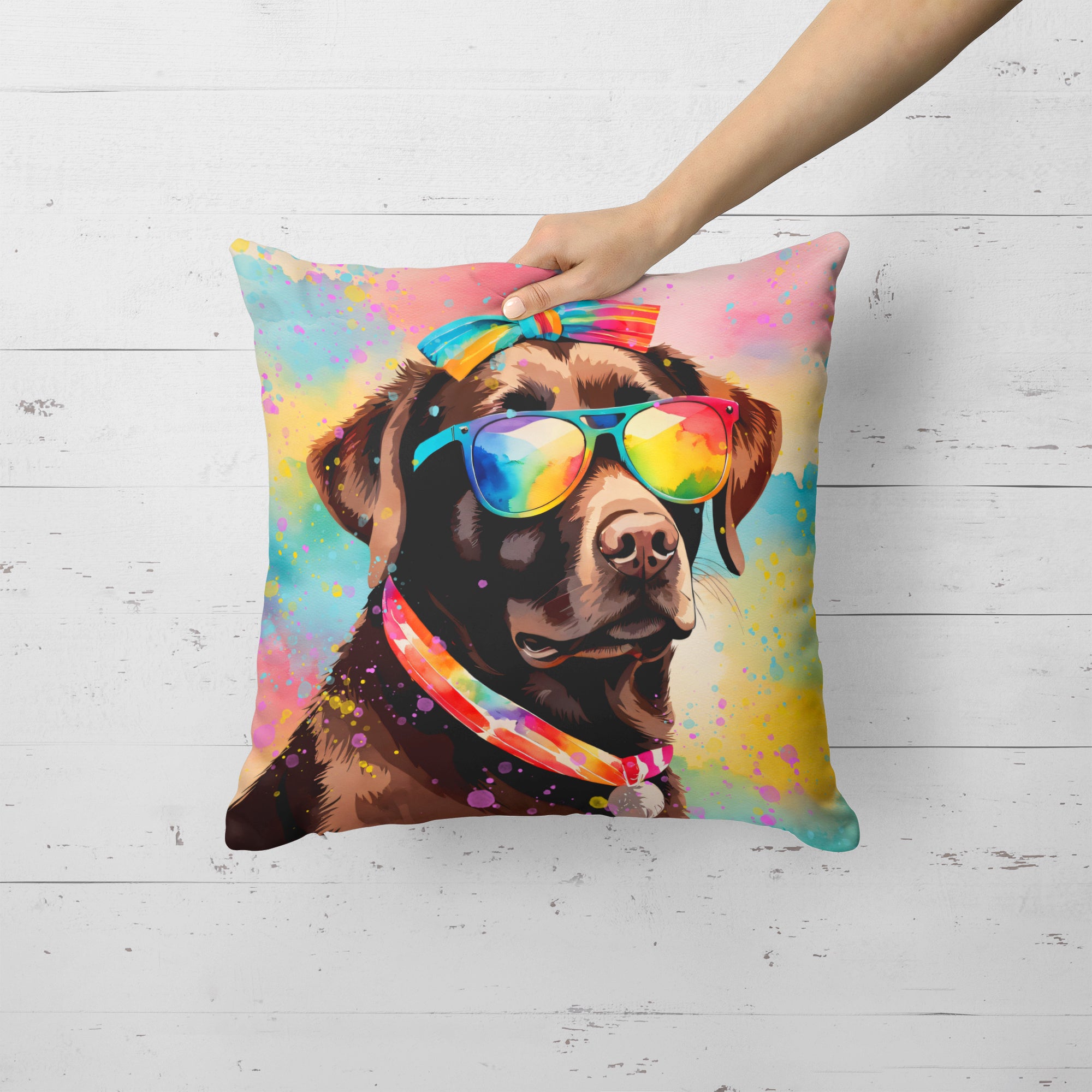 Chocolate Labrador Hippie Dawg Fabric Decorative Pillow