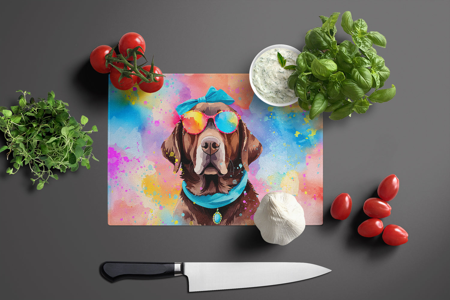 Chocolate Labrador Hippie Dawg Glass Cutting Board Large
